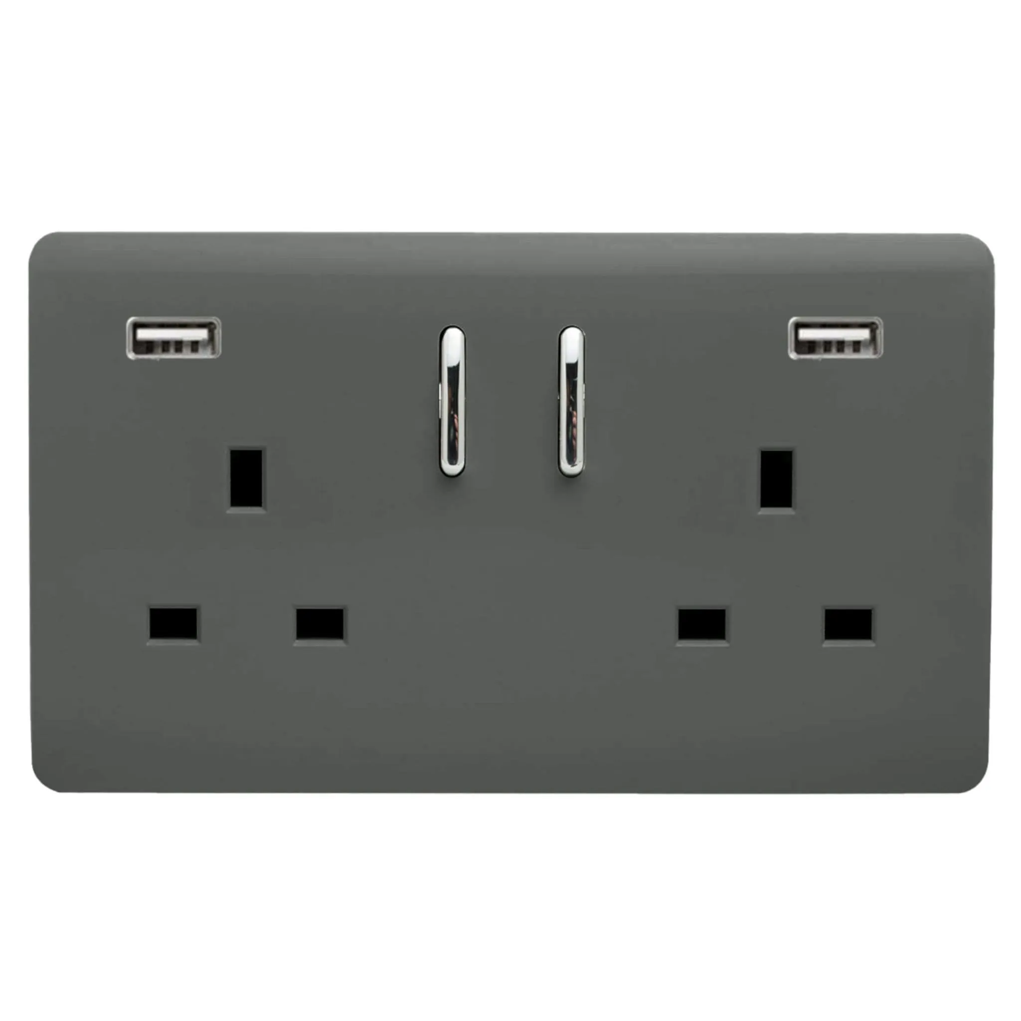 2 Gang 13Amp Short S/W Double Socket With 2x3.1Mah USB Charcoal